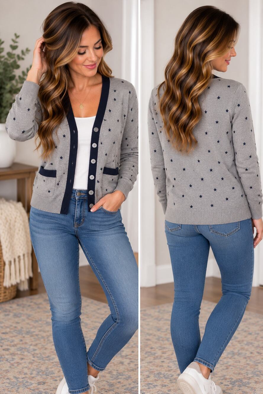 J.Crew Star Print Cardigan Sweater Gray Navy Wool Blend Size S
